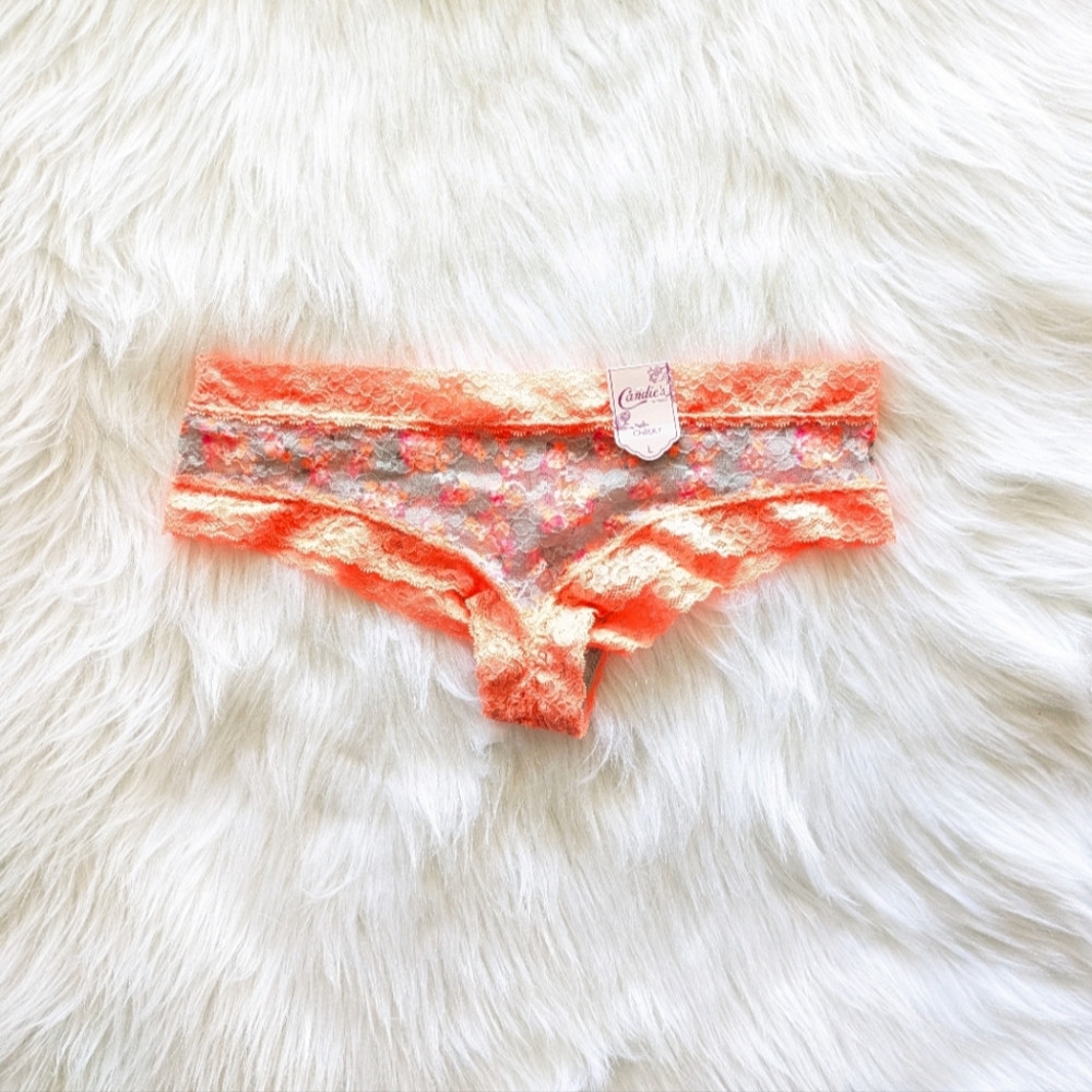 NWT bright neon orange, pink and gray floral lace cheeky panties size large